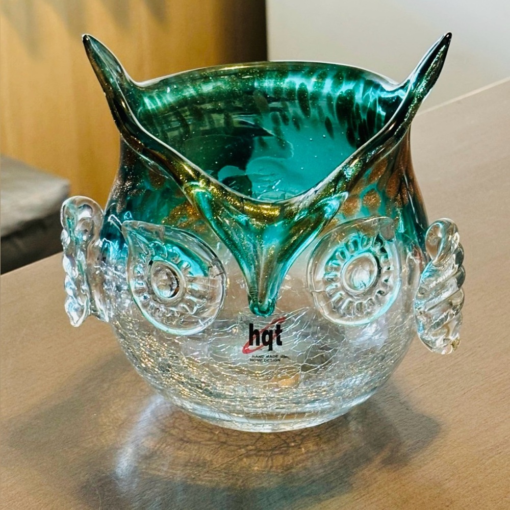 5in Vintage Green Crackle Owl Glass Vase, Hand Blown, 2 Tone Glass
